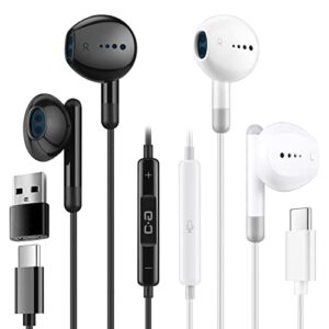 2 packs of usb c headphones, type c earbuds with mic for galaxy s22 ultra plus s21 s20, pixel 6, oneplus 10 pro, ipad pro air mini, usb-a to usb-c adapter for laptop computer use, white + black
