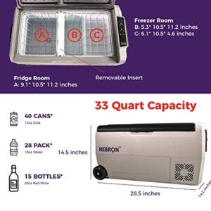 Hebron 33 Quart Dual Zone Portable Refrigerator/Freezer for Camping Fishing and Travel - 12/24 Volt DC Mini Chest Cooler for Vans Campers RVs and Boats