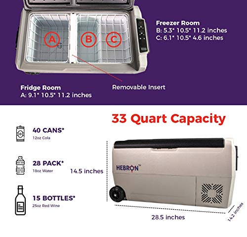 Hebron 33 Quart Dual Zone Portable Refrigerator/Freezer for Camping Fishing and Travel - 12/24 Volt DC Mini Chest Cooler for Vans Campers RVs and Boats