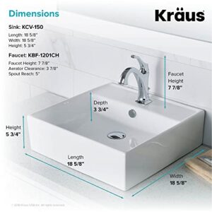 KRAUS Elavo 18 1/2-inch Square White Porcelain Ceramic Bathroom Vessel Sink with Overflow and Arlo Faucet Combo Set with Lift Rod Drain, Chrome C-KCV-150-1201CH