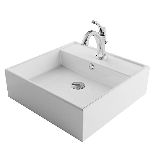KRAUS Elavo 18 1/2-inch Square White Porcelain Ceramic Bathroom Vessel Sink with Overflow and Arlo Faucet Combo Set with Lift Rod Drain, Chrome C-KCV-150-1201CH