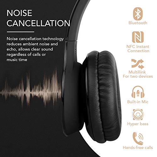 Alpha Digital BH-530-B Bluetooth Headphone with Soft Fit Ear Covers, Built-In Microphone, Black