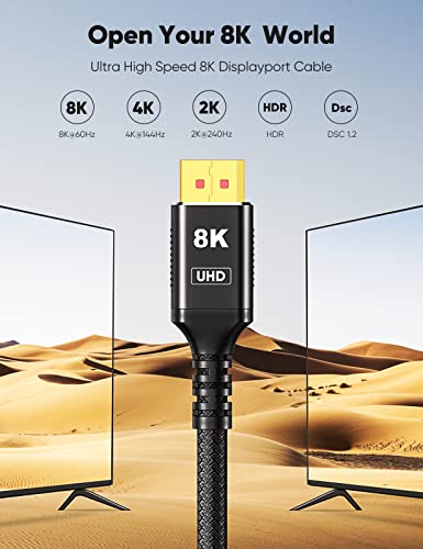 Snowkids 8K DisplayPort Cable 1.4 6.6FT, Display Port Cable 144hz,Ultra High Speed 32.4Gbps, DP Cable 8K@60hz, 4K@144Hz, 1080P@240hz, HDR, HBR3 Display Port Cord for Laptop/PC/TV/Gaming Monitor-Black