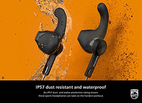 Philips A3206 Wireless Sports Headphones, Detachable Ear Hooks, Integrated Controls, Built-in Microphone, Instant Bluetooth Pairing, IP57 dust Resistant and Waterproof TAA3206BK