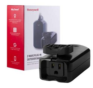 honeywell ultrapro z-wave plus outdoor switch, single outlet plug-in | weather-resistant for outside lighting | zwave hub required – alexa and google assistant compatible, 39346