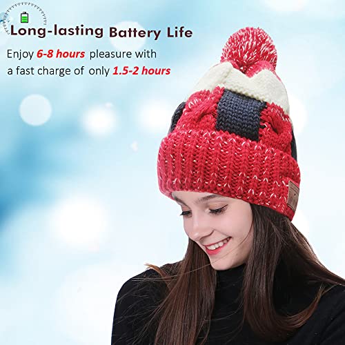 Ceotsak Wireless Beanie Hat Lined with Woolen with Detachable HD Stereo Speakers & Mic, Pom Pom Beanie Music Hats for Women Music Beanie with Rechargeable USB Winter Fitness Sports Red and Blue