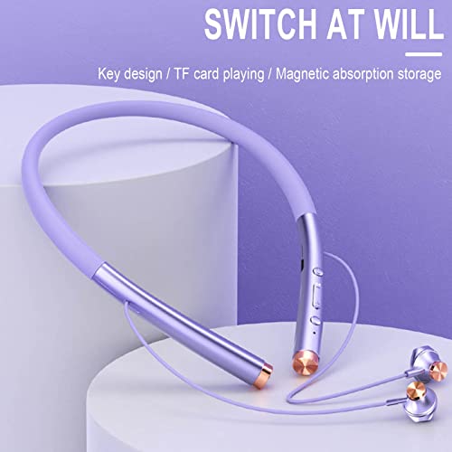 Sports Wireless Blue-Tooth Earphones, High-Power Neck-Mounted Earphones Stereo Earbuds Bone-Conduction Earphone Super Battery Life, Foldable Headset for Outdoor Working Travel Gym (Purple)
