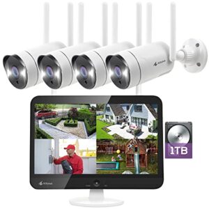 kittyhok 10ch wireless security camera system outdoor with monitor | 4pcs 2k security cameras outdoor with person detection, spotlight | 10ch nvr with 12” ips hd monitor, 1tb hdd, 24/7 recording