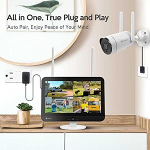 Kittyhok 10CH Wireless Security Camera System Outdoor with Monitor | 4pcs 2K Security Cameras Outdoor with Person Detection, Spotlight | 10CH NVR with 12'' IPS HD Monitor, 1TB HDD, 24/7 Recording