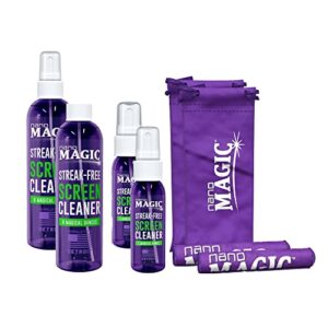 nano magic screen cleaner spray kit – for streak free clean screens on computer & laptop monitor, phone touchscreen, watch, glasses, led & lcd tv, + – spray, refill, microfiber cloth, travel pouch