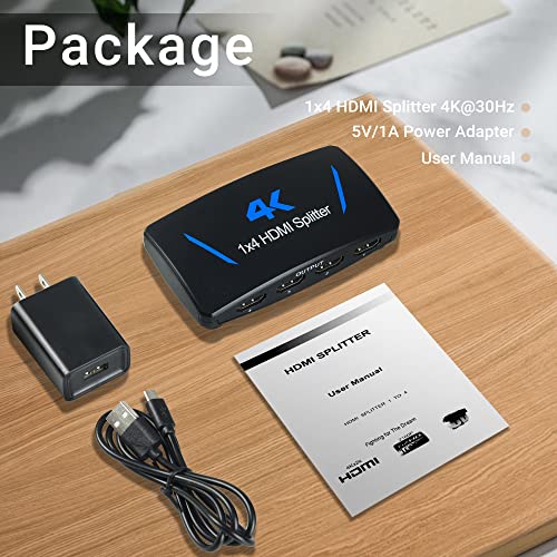 4K HDMI Splitter 1 in 4 Out, avedio links 1x4 HDMI Splitter Duplicate/ Mirror Screen, 4 Port HDMI Splitter Powered Support 4Kx2K@30Hz 3D for PS5, Roku, TV Box - 1 Source to 4 Displays