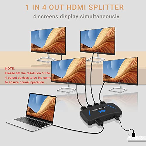 4K HDMI Splitter 1 in 4 Out, avedio links 1x4 HDMI Splitter Duplicate/ Mirror Screen, 4 Port HDMI Splitter Powered Support 4Kx2K@30Hz 3D for PS5, Roku, TV Box - 1 Source to 4 Displays