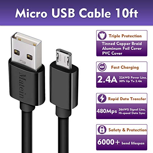 Micro USB Cable, [10Ft 2Pack]Extra Long Fast Charger Cord for Galaxy S7 Edge, High Speed Durable USB Charging Cable for Android Phone, Samsung J7/S6 Edge/S5/Note 5/LG Stylo 3/K30, for PS4/Camera,Black