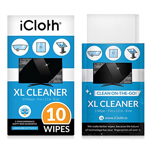 iCloth Screen Cleaning Wipes [10 Screen & Lens Cleaning Wipes - Extra Large] Safe for All Screens, Pro-Grade, Individually Wrapped, 1 Screen Cleaner Can Clean Several Flat Screen TV's and Monitors