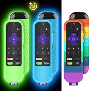 3 pack case for tcl roku tv steaming stick 3600r remote,silicone cover roku voice/express/premiere remote controller skin protective universal replacement sleeve protector-glow blue,glow green,rainbow