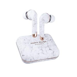 Happy Plugs Air 1 Plus – Luxury Wireless in-Ear Earbuds – Design Bluetooth Headphones with Charging Case and Built-in Microphones – Up to 40 Hours Playtime - White Marble
