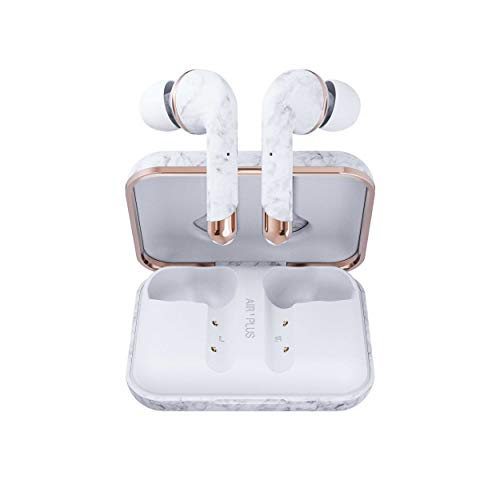 Happy Plugs Air 1 Plus – Luxury Wireless in-Ear Earbuds – Design Bluetooth Headphones with Charging Case and Built-in Microphones – Up to 40 Hours Playtime - White Marble