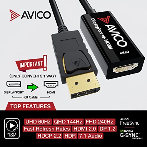 Avico DisplayPort 1.2 to HDMI 2.0 Adapter – 4K 60hz HDR – 2K 144hz – 1080P 240hz – 6ft Cable – for Monitors, TVs, PCs, MacBooks, Projectors