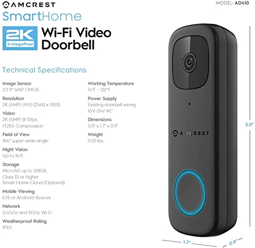 Amcrest 4MP Video Doorbell Camera Pro, Outdoor Smart Home 2.4GHz and 5GHz Wireless WiFi Doorbell Camera, Micro SD Card, AI Human Detection, IP65 Weatherproof, 2-Way Audio, 164º Wide-Angle Wi-Fi AD410