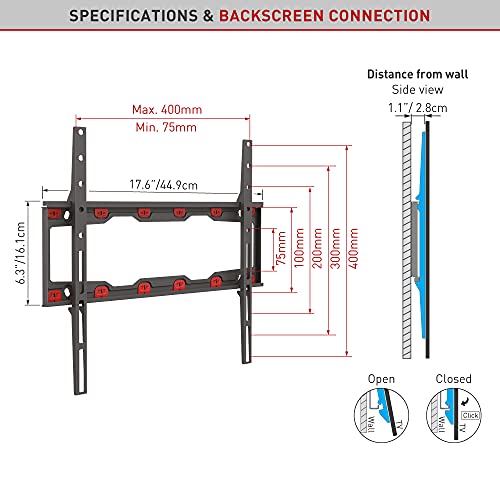 Barkan TV Wall Mount, 19 - 65 inch Fixed, Drywall No Stud No Drill Screen Bracket, Holds up to 71lbs, Auto Lock Patented, 5 Year Warranty , Fits LED OLED LCD, Including 6 ft 4K HDMI Cable Black