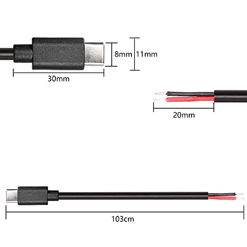 USB Type-C Pigtail Cable Extension Power Cable 22AWG 5V 3A USB-C Plug to 2 Pin Bare Wire Open End Connector for DIY - 1M/3.2FT 5PCS (Type C Male)