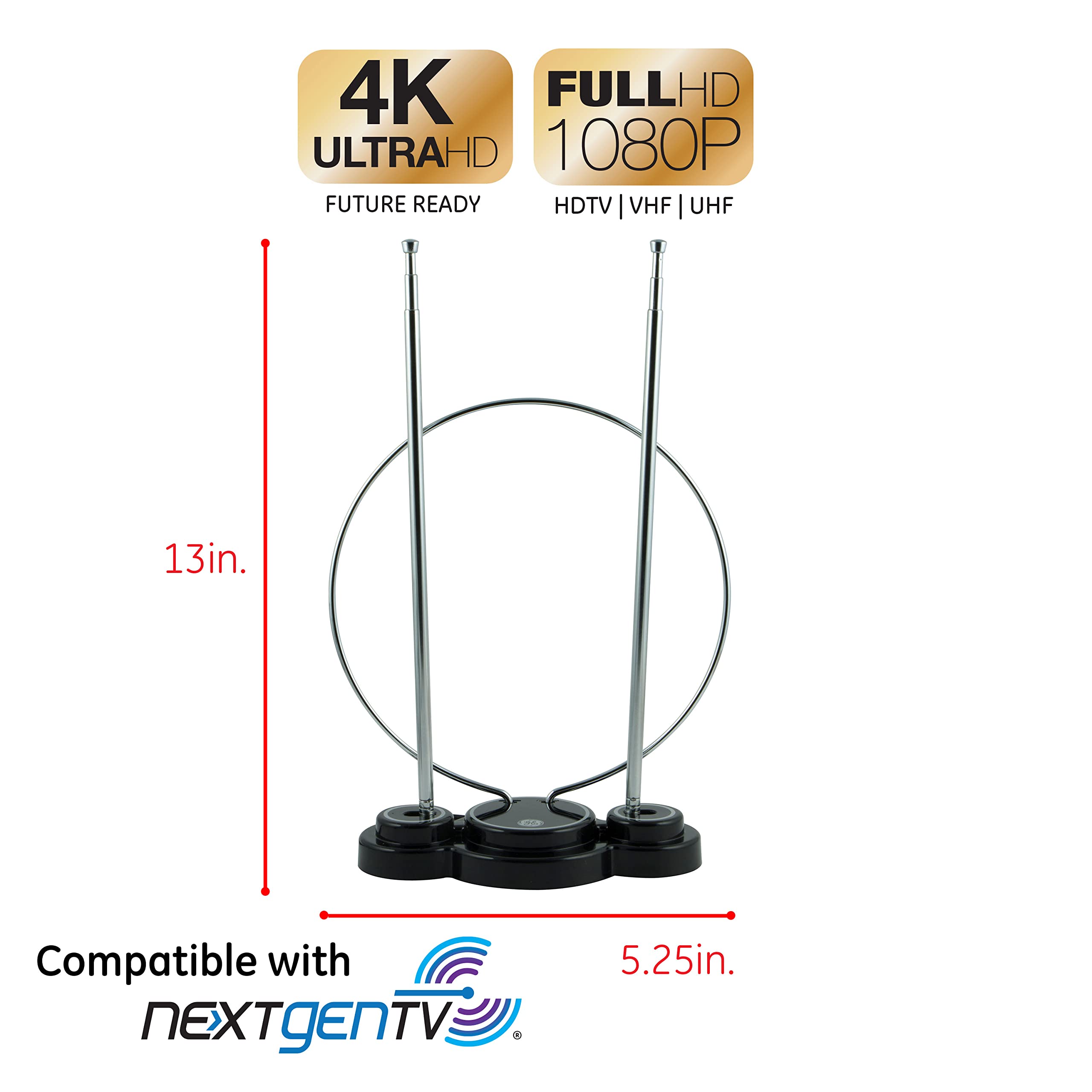 GE Traditional Rabbit Ear HD Digital TV Antenna, Long Range Smart TV Antenna, Extendable 15in Rabbit Ear Dipoles and Ciruclar Loop, Supports 4K 1080P HD Smart TV VHF UHF, Compact Design, 33676