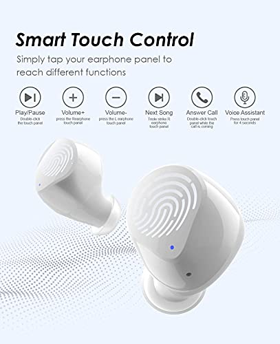 Tecno True Wireless Earbuds Noise Cancelling, Wireless Bluetooth Headphone with Microphone, Wireless in Ear Earbuds with Charging Case, Touch Control Waterproof with Mic Deep Bass for Sport White, H2