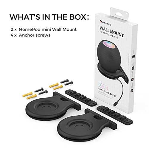 AHASTYLE iHomePod Mini Wall Mount Holder ABS Stand [Built-in Cord Management] Stable Bracket Holder for HomePod Mini [Need to Drill] (Black-2pcs)