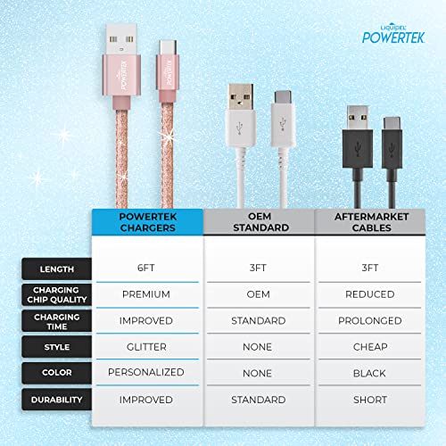 LIQUIPEL USB Type C Cable 6ft, USB A 2.0 to USB-C Fast Charger Extra Long Durable, Glitter Cables (Rose Gold)