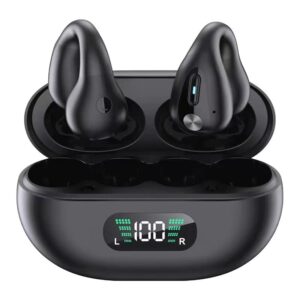 wireless earbuds bluetooth ear clip bone conduction headphonehi-fi stereo with portable charging case long battery life (black)