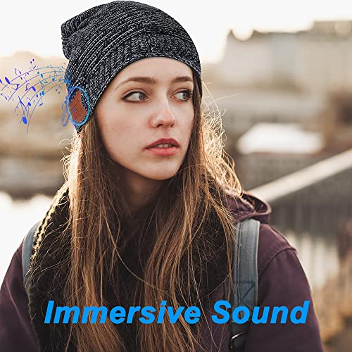 Coucur Bluetooth 5.0 Beanie Hat for Men Women, Winter Knitted Beanie with Bluetooth Speaker, Wireless Beanie Bluetooth Headset, Musical Hat Bluetooth Headphones, Built-in Mic, Gifts for Family Friends