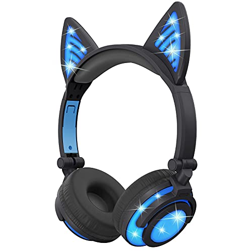 Olyre Stylish Wireless Cat Headphones for Kids with Microphone On-Ears Stereo Foldable LED Cute Kitty Gift Bluetooth Headset, Compatible with Computer Tablet PC iPad Smartphone Laptop, Black