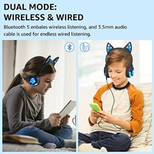 Olyre Stylish Wireless Cat Headphones for Kids with Microphone On-Ears Stereo Foldable LED Cute Kitty Gift Bluetooth Headset, Compatible with Computer Tablet PC iPad Smartphone Laptop, Black