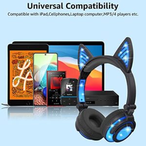 Olyre Stylish Wireless Cat Headphones for Kids with Microphone On-Ears Stereo Foldable LED Cute Kitty Gift Bluetooth Headset, Compatible with Computer Tablet PC iPad Smartphone Laptop, Black