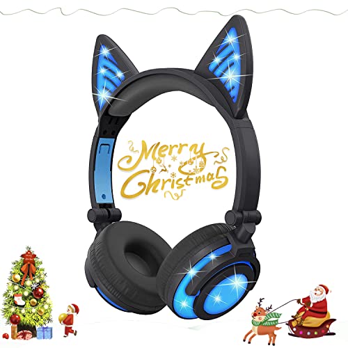 Olyre Stylish Wireless Cat Headphones for Kids with Microphone On-Ears Stereo Foldable LED Cute Kitty Gift Bluetooth Headset, Compatible with Computer Tablet PC iPad Smartphone Laptop, Black