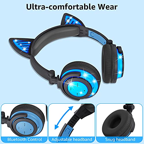 Olyre Stylish Wireless Cat Headphones for Kids with Microphone On-Ears Stereo Foldable LED Cute Kitty Gift Bluetooth Headset, Compatible with Computer Tablet PC iPad Smartphone Laptop, Black