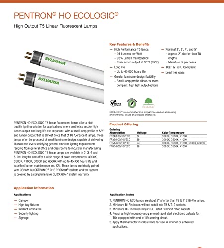 LEDVANCE FP54/850/HO/ECO 54 Watt T5 HO High Output Fluorescent Tube Light Bulb 54W 5000K (Pack of 12) Replaces F54T5 F54T5/HO F54T5/HO/850 F54W/T5/850/ECO F54T5/850/HO/ALTO FP54/850/HO/XL/ECO