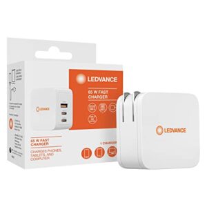 ledvance 65w smart fast charger with usb a / usb c ports, 3 device compact charger, laptop / tablet / phone, apple, huawei, samsung compatible, white – 1 pack (62372)