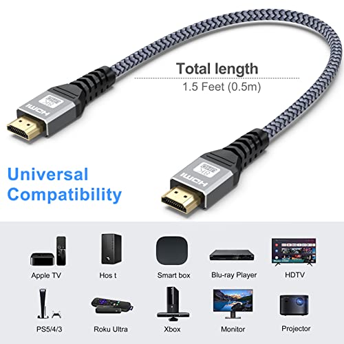 Short HDMI Cable 1.5FT 2-Pack, 8K HDMI 2.1 Cable HDMI to HDMI Cord 48Gbps Ultra High Speed (8K@60Hz, 4K@120Hz, 2K, 1080P, HDR, 3D, eARC) for Laptop, Monitor, Switch, PS5/PS4, Xbox