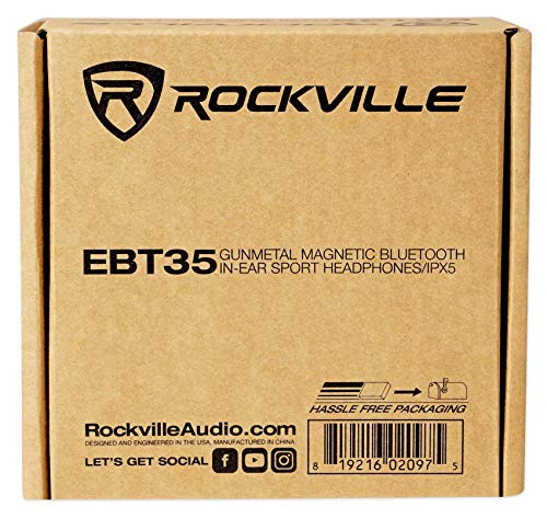 Rockville EBT35 Gunmetal Magnetic Bluetooth Earbuds in-Ear Sport Headphones/IPX5