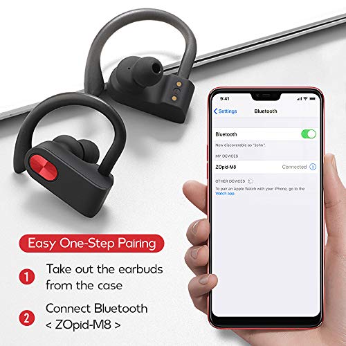 ZOpid Wireless Earbuds - TWS Bluetooth 5.0 Stereo Headphones with Microphone and Charging Case - Sweatproof/Waterproof Sports Earbuds with Adjustable Ear Hooks Works with Fire TV Stick