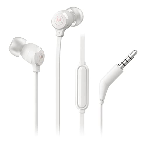 Motorola Earbuds 3-S Wired Earbuds with Microphone - Corded in-Ear Headphones, Comfortable Lightweight Silicone Ear Buds, Non-Tangle Flat Cable, 9.4mm Drivers Clear Bass Sound - White