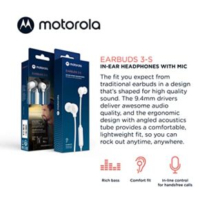 Motorola Earbuds 3-S Wired Earbuds with Microphone - Corded in-Ear Headphones, Comfortable Lightweight Silicone Ear Buds, Non-Tangle Flat Cable, 9.4mm Drivers Clear Bass Sound - White