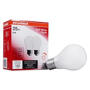 SYLVANIA Incandescent Light Bulb, 25W A19, Dimmable, Medium Base, 160 Lumens, 2850K, Soft White - 2 Pack (10562)