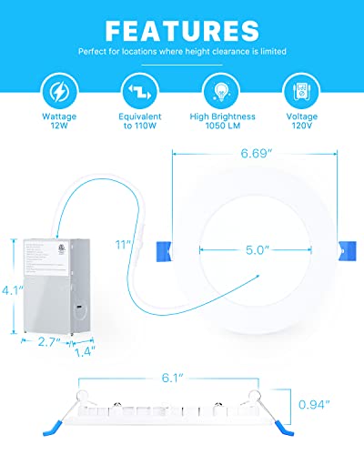 Ensenior 16 Pack 6 Inch Ultra-Thin LED Recessed Ceiling Light with Junction Box, 5000K Daylight, 12W 110W Eqv, Dimmable Can-Killer Downlight, 1050LM High Brightness - ETL and Energy Star Certified