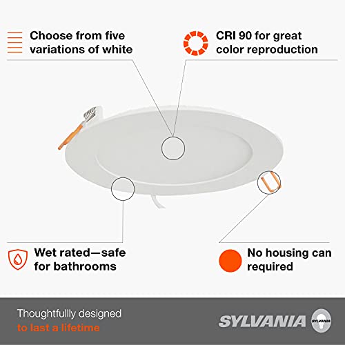 SYLVANIA 5”/6” LED Slim MicroDisk Recessed Downlight with Trim, 16W=100W, 5 CCT Selectable (2700K, 3000K, 3500K, 4000K, 5000K), Dimmable, Wet Rated / UL / Energy Star - 12 Pack (62238)