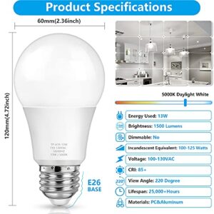 MAXvolador A19 LED Light Bulbs, 100 Watt Equivalent LED Bulbs, Daylight 5000K, 1500 Lumens, E26 Standard Base, Non-Dimmable, 13W Bright White LED Bulbs for Bedroom Living Room Home Office, 4-Pack