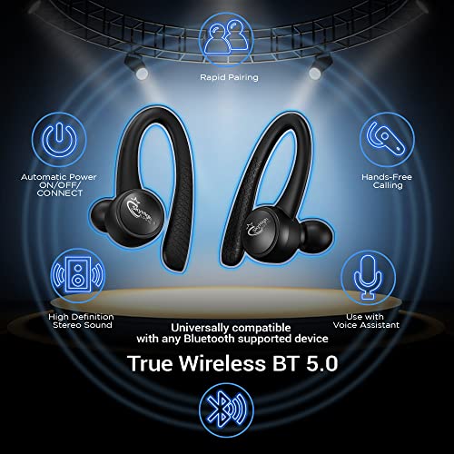 Sky High Logic True Wireless Earbuds with Charging Case - Bluetooth 5.0 Headphones with Ear Hook - Environment Noise Canceling, Waterproof for Fitness, Calls Sky7 Black