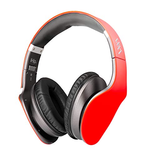 iHip Side Swipe Touch Control Wireless Bluetooth Headphones Over Ear - Foldable, Soft Memory-Protein Earmuffs, w/Built-in Mic and Wired Mode for PC/Cell Phones/TV - RED -Touch Only