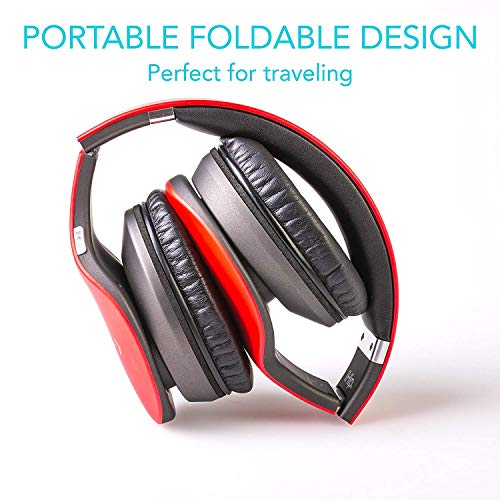 iHip Side Swipe Touch Control Wireless Bluetooth Headphones Over Ear - Foldable, Soft Memory-Protein Earmuffs, w/Built-in Mic and Wired Mode for PC/Cell Phones/TV - RED -Touch Only